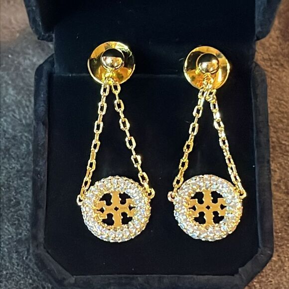 Tory Burch Dangle Chain Crystal Earrings 18YG plated - Picture 1 of 9